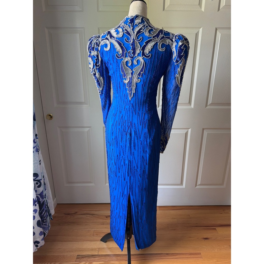 Vintage 80s 90s Silk Beaded Gown Cobalt Blue Dynasty Formal Glam Western Dolly - Picture 4 of 13